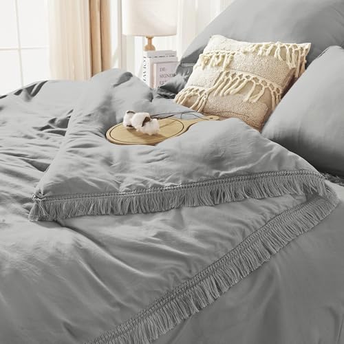 Image of Andency Queen Comforter Set with Sheets Medium Grey - 7 Pieces Boho Tassel Bed in a Bag Soft Lightweight Bedding Sets, Fringe Bed Set with Comforter, Sheets, Pillowcases & Shams