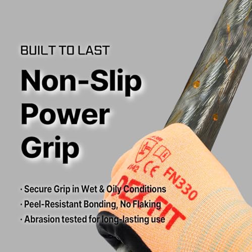 Image of DEX FIT Work Gloves FN330, 3D Comfort Stretch Fit, Power Grip, Durable Foam Nitrile Coated, Smart Touch, Thin & Lightweight, Machine Washable, Orange 7 (S) 3 Pairs