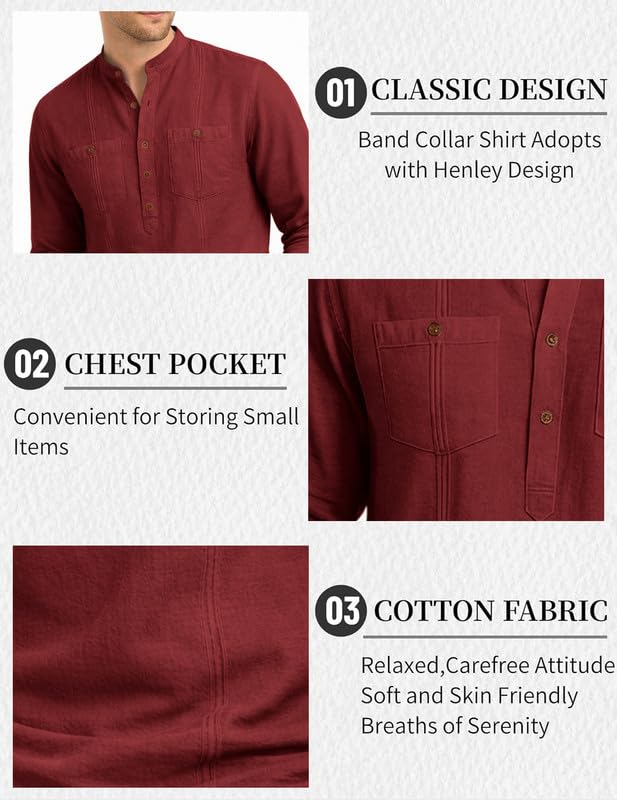 Image of ROYALSCOUT Men's Cotton Polyester Blend Kurta Style Shirt with Mandarin Collar, Half Button Placket, Dual Chest Pockets, Long Sleeve Casual Ethnic Fusion Wear for Office, Festive and Daily Use
