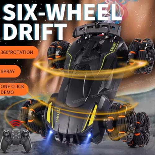 Image of VikriDA 6 Wheel Stunt RC Car for Kids | 2.4GHz Remote Control Toy Car with Lights, Spray Function, 360 Spin, High-Speed Off-Road Stunt Car - Matt Black