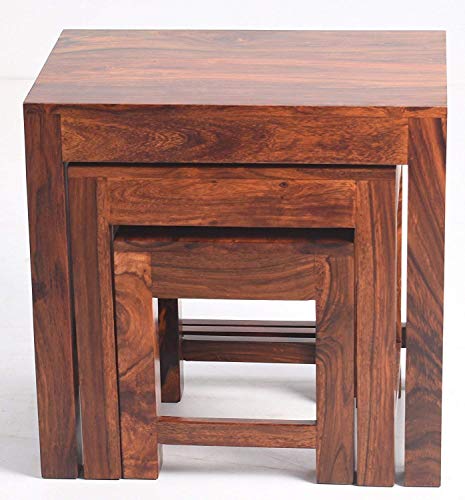 Image of Wooden Sheesham Wood Nesting Table Set of 3 Stools for Living Room | Side Table for Home & Kitchen, Living Room | Honey Finish