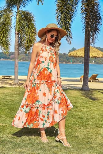 Image of GRACE KARIN 2026 Women's Floral Halter Maxi Dress Boho Summer Beach Sundress with Tiered Ruffle Skirt