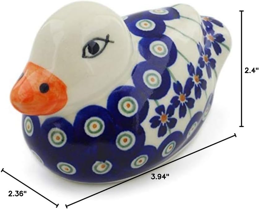 Polmedia Polish Pottery Duck Figurine - Flowering Peacock Pattern Handmade in Boleslawiec Poland by Ceramika Bona + Certificate of Authenticity