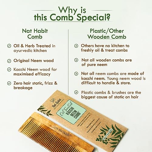 Nat Habit Kacchi Neem Comb Fine Tooth Styling & Wide Tooth Shampoo Combo (Pack of 2), Soaked In 17 Herbs, Neem & Sesame Oil, For Post Shampoo Detangling & Daily Styling, Suited For Short & Long Hair (Large Size)