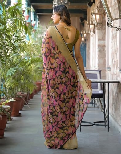 Image of SIRIL Women's Chiffon Printed Saree with Unstitched Blouse Piece