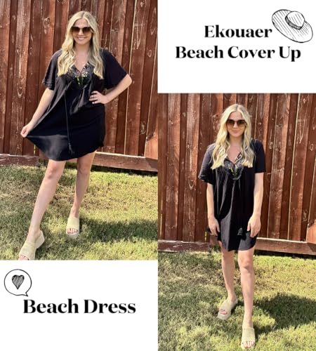 Ekouaer Swimsuit Cover Ups for Women Lace Crochet V-Neck Bikini Beach Coverups Dress for Swimwear Bathing Suit3