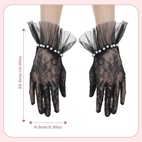 Short Lace Mesh Gloves, Black Lace Gloves with Pearls, Lace Glove Women Tea Party for Opera Evening Party Prom Wedding Halloween Cosplay2