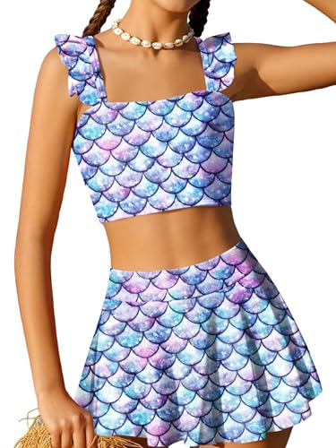 Image of Arshiner Girls Swimsuit 3 Piece Bathing Suits Cute Bikini Tankini Sets Teen Ruffle Swimwear with Cover Up Skirt
