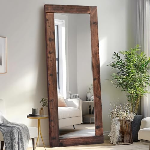Image of 65x24in Full Length Mirror, Solid Wood Convex Frame, Brown | HD Tempered Glass, Wall Mounted Or Leaning, Rustic Modern Decor for Bedroom Entryway Living Room