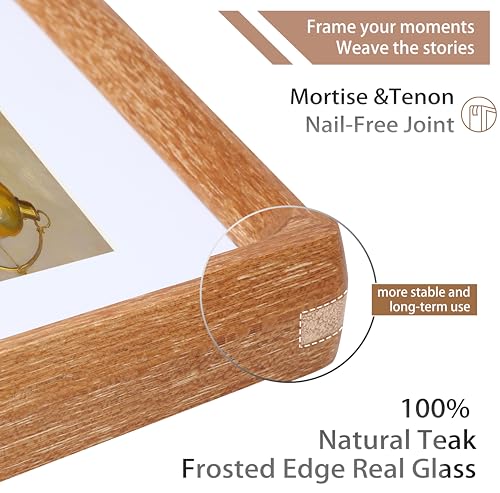 Image of Square 6x6 Picture Frame with Mat for 4x4, USA-Sourced Natural Teak Wood Handcrafted Rounded Corner with Real Glass, Vertical or Horizontal Display Photo Gallery Wall & Tabletop Frame