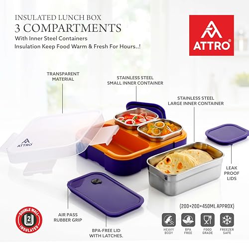 Image of ATTRO Admire 3 Compartment Stainless Steel Lunch Box Inner Steel BPA Free, Durable & Lightweight, Easy to Carry, Compact Design Ideal for School, Office, College & Travel- Purple Bloom- 800ml