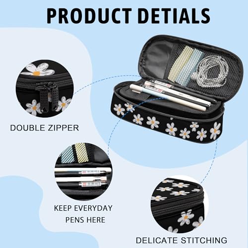 Image of Daisy Pencil Case, Large Capacity Pen Pencil Case for Boys Girls Teen, Kids 3 Compartments Multifunction Pencil Box with Zipper Organizer, Pencil Pouch for Back to School Students