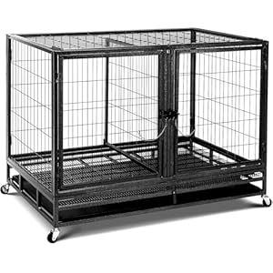 48 inch Wire Dog Crate Large Dog Cage with Swivel Lockable Wheels High Anxiety Open Top Three Doors Extra Large Crate Indoor with Removable Tray