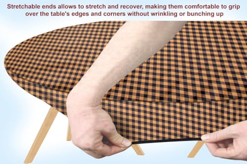 Image of The Furnishing Tree Elastic Oval Dining Table Cover WxL 35x63 in Inches Polyester Checkered Pattern Brown