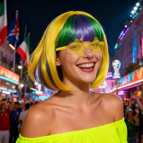 Image of ANOGOL Hair Cap + (Sunglasses) Green Blue Yellow Bob Wig with Bangs Womens Green Party Wigs with Sunglasses Short Neon Wig Fun Wigs Halloween Costume Bachelorette Hair Sports Event St Patrick Day