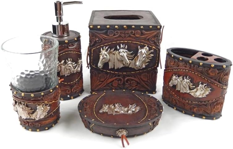 Rustic Western Horses Floral Concho Bathroom Accessory Set – 5 Pieces Brown Decorative Collection