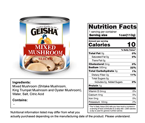 GEISHA Mixed Mushroom Sliced 4OZ. (Pack of 12), Mixed Mushroom| Halal Certified - NON-GMO - Gluten Free-Good Source of Fiber-Only 10 Calories per Container
