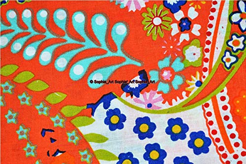 Image of Indian Hand-Block Printed Jaipuri Print Tropical Paisley Floral Ethnic Sanganer Kurti Print Cotton Fabric (Orange Paisley, 20 Yards)