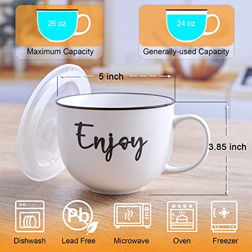 Dayyet Farmhouse Soup Mugs With Handle And Vented Lid, 26 Oz Jumbo Coffee Mugs, Ceramic Mugs For Cereal, Noodles, Ramen, Pasta And Salad, Dishwasher And Microwave Safe, Set Of 2, White #TOP1