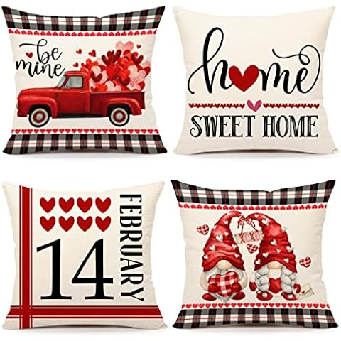 4TH Emotion Valentines Day Pillow Covers 18x18 Set of 4 Spring Farmhouse Decor Red Truck with Love Gnomes Holiday Decorations Throw Cushion Case for Home Decorations TH153 Cover