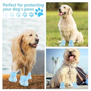 DOGOYS Dog Shoes, Dog Sandals for Hot Pavement, Non-Slip Waterproof Dog Booties for Winter Snowy Day and Summer, Adjustable Straps Easy-Clean Beach Outdoor Pet Boots Rugged Sole-4Pcs Blue