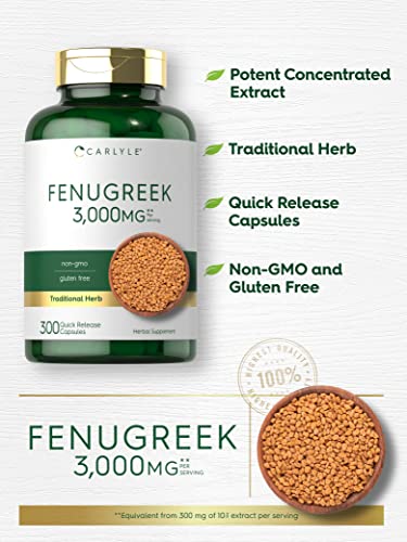 Carlyle Fenugreek Capsules 3000 Mg | 300 Count | Non-Gmo & Gluten Free Extract | Fenugreek Seeds #TOP2