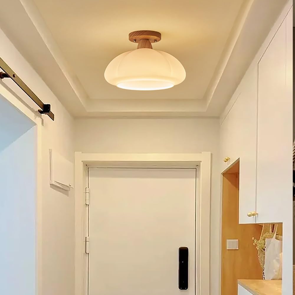 Lampy Sufitowa Szklana Styl Mid Century z Podstawą Drewnianą, Plafon Mała Forma Dynia Kopuła Oświetlenie Sufitowe do Przedpokój(White)