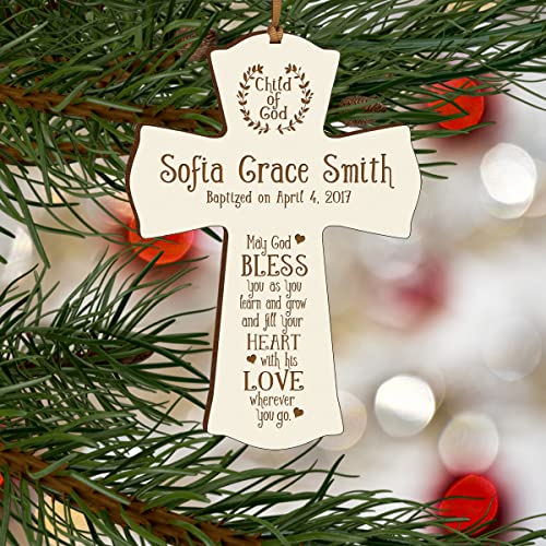 Image of LifeSong Milestones Personalized Ivory Baptism Cross for Girls - Wooden Wall Cross Decoration - Christening, Baby Dedication & First Communion Gifts