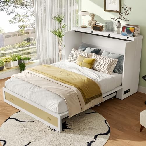Mobiles Schrankbett 140x200, Umbaubares Schrankbett mit Schubladen, USB Steckdose und Regal, Vertikales Wandbett Klappbett Wandklappbett Murphy Bed...