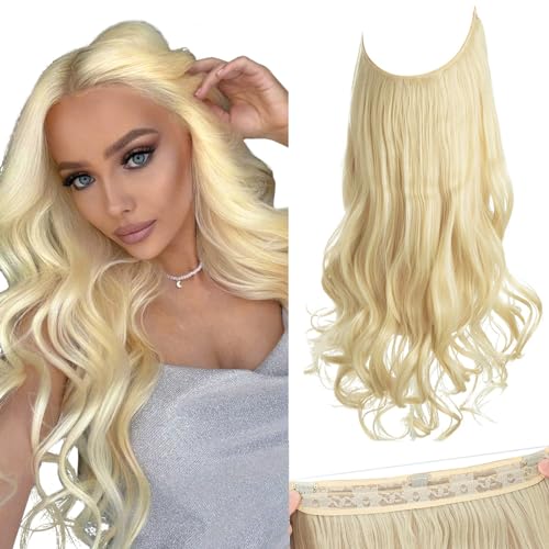 Image of SARLA 16 inch 4.3oz Synthetic Wavy Halo Hair Extension Natural Hairpieces No Clip No Glue No Tape Size Can Be Adjusted (M03, 613# bleach blonde)