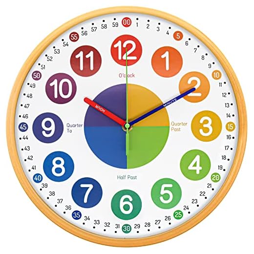 VREAONE Teaching Clock for Kids 12 inch Learning Wall Clock Silent Movement and Colorful Numerals Kids Wall Clocks for Classroom Playroom Nursery Bedrooms Kids Room School