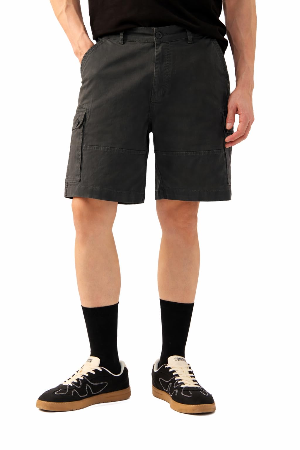 The Souled Store Cargo Shorts: Dark Grey Men and Boys Buttoned Waistband Grey Solid Cotton Twill Regular Fit Stretch Fabric Multiple Pockets Lightweight Everyday All-Season Cargo Shorts in grey