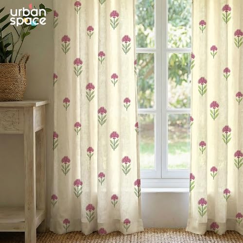 Image of Urban Space 100% Cotton Floral Curtains 7 feet Long Set of 2, 60-65% Room Darkening, Decorative Curtains with Eyelets /Rings for Hanging, Tieback Included (Aster Pink, Door - 7 Feet)