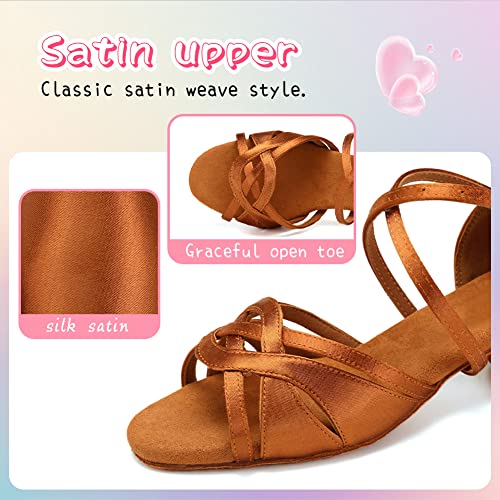 HIPPOSEUS Girls Latin Dance Shoes Silk Satin Ballroom Salsa Dance Practice Performance Shoes Suede Sole2