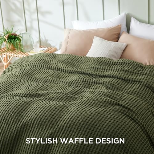 Image of Bedsure Cooling Cotton Waffle Full Size Blanket - Lightweight Breathable Blanket of Rayon Derived from Bamboo for Hot Sleepers, Luxury Throws for Bed, Couch and Sofa, Olive Green, 80x90 Inches