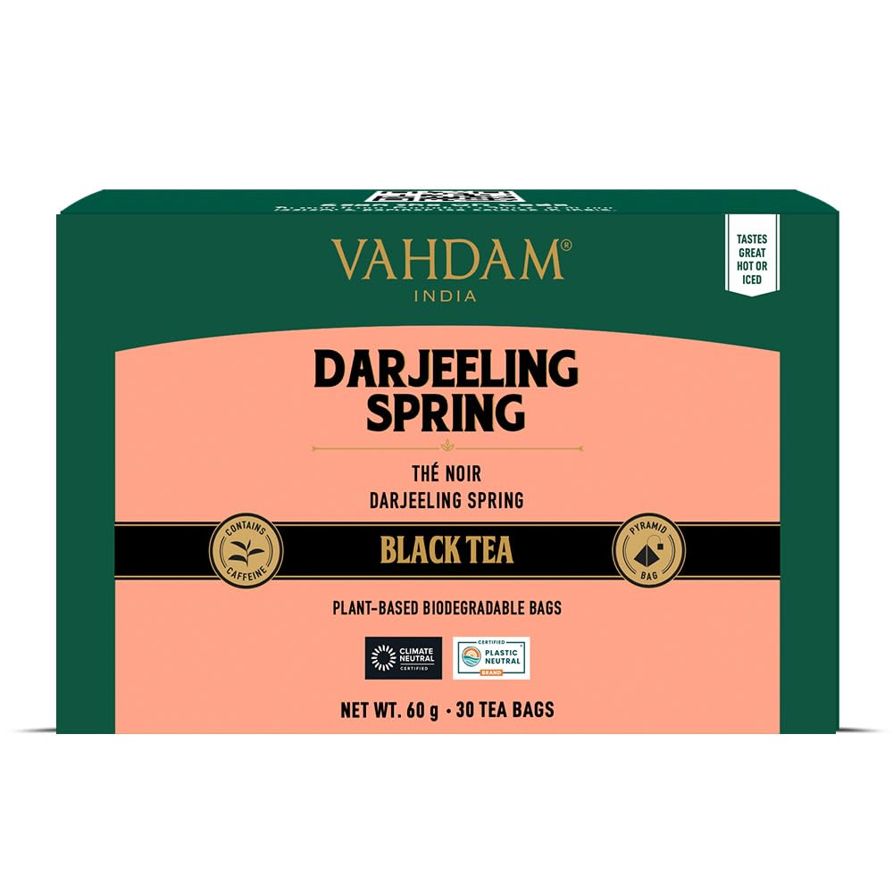 VAHDAM, Tè Darjeeling in foglia intera, 30 bustine piramidali. Primo raccolto 100% puro dall'India