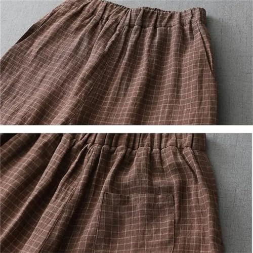 Women Vintage Plaid Wide Leg Pants Linen Pockets Elastic Waist Casual Loose Trousers3
