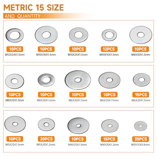 Fender Washers 304 Acier inoxydable 470 Pcs SAE + Métrique 23 Tailles Set d'assortiment de rondelles plates, Kit de rondelle pour boulons (M3 M4 M5 M6 M8 M10 M12 6# 8# 10# 1/4 5/16 3/8 1/2