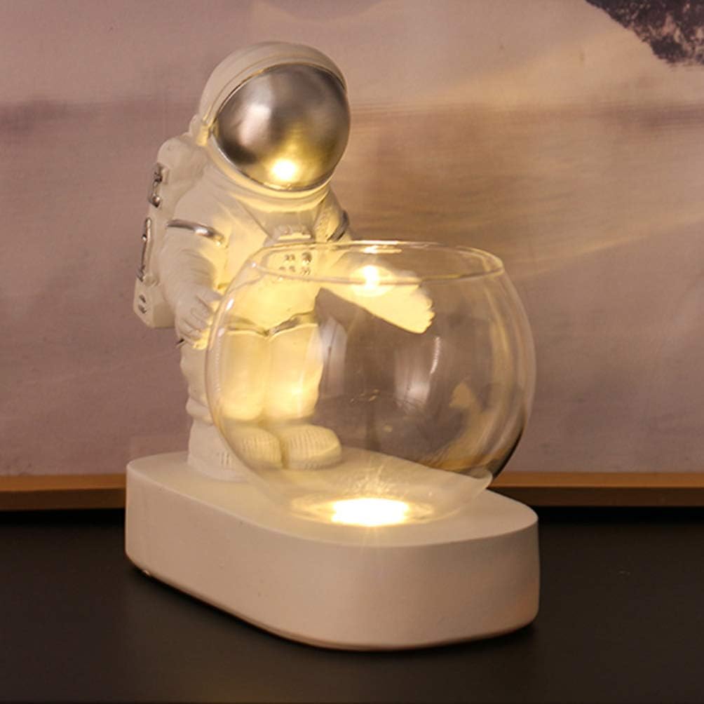 Glass Water Planter Vase with Led Astronaut Ornament and Night Light Resin Spaceman Hydroponic Flower Pot for Home Office Garden Decor 6.1X5.7X3.14 Inch
