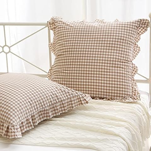 K MASANIJI 2 Pack Taupe White Plaid Ruffle Euro Pillow Shams 26x26 inches, Washed Cotton Gingham Camel Brown Fall Decorative Pillow Covers for Bed/Sofa (26x26 inches, Taupe/White Plaid) Cover