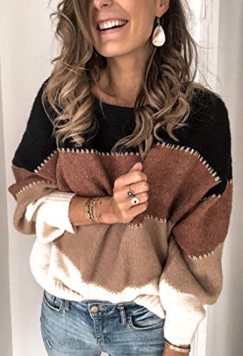 Angashion Women's Sweaters Casual Long Sleeve Crewneck Color Block Patchwork Pullover Knit Sweater Tops2