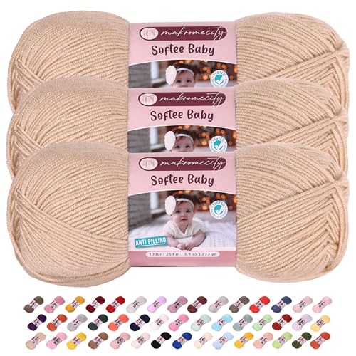 Image of 3 Skeins of Makromecity Softee Baby Yarn,%100 Premium Anti-Pilling Acrylic, 3.5 Oz, 273 yd (100gr /250 mt) Each, Soft Yarn for Crocheting and Knitting (Beige, 3 Skeins)
