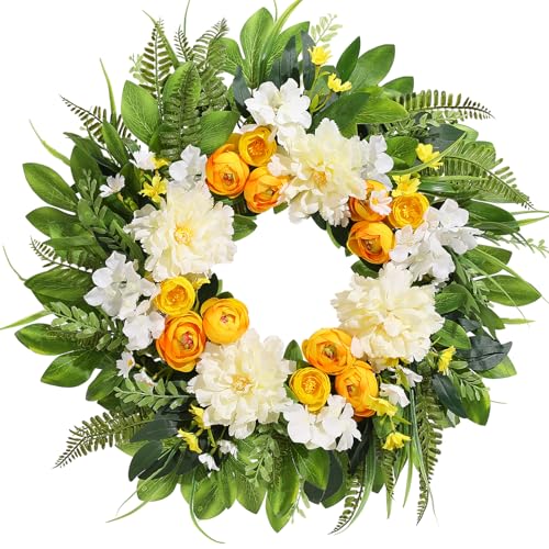 Spring Wreath for Front Door, 24 Inch Spring Wreath Floral with Peony Ranunculus Hydrangea Flower Summer Door Wreaths for Porch Entryways Wall Window Farmhouse Party Home Seasonal Decor