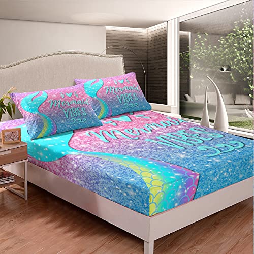 Mermaid Bed Sheet Set King,Glitter Galaxy Sheet Set Rainbow Mermaid Scales Bed Sheets For Kids Girls Women,Pink Blue Pastel Sequins Bedding Kawaii Ocean Coastal Animal Fitted Sheet & Flat Sheet 3 Pcs #TOP3