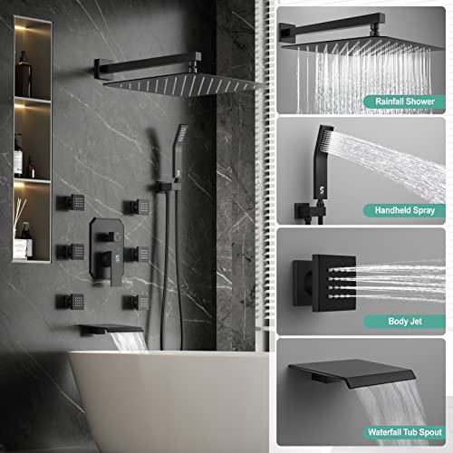 Image of Waist Massage Spray Shower System with 6 Body Jets and Tub Spout, 16'' Full Body Bathtub Shower System with Shower Jet, Wall Mounted Rain Shower and Handheld Shower Faucet Set Complete, Matte Black