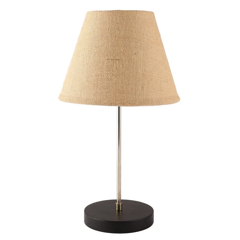 Image of Silver Table Lamp with Handmade Conical Jute Shade, Minimalist Design, for Couple Dinner /Coffee Table /Restaurant /Bedroom, On /Off Switch Long Wire