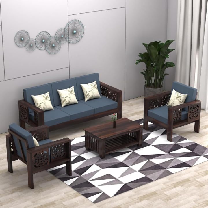 SUNCOM Solid Sheesham Wooden 5 Seater Sofa Set for Living Room with Comfortable Cushion - Wooden Sofa Set 5 Seater for Home & Office Furniture (Walnut Finish)-image-3