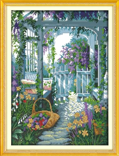 Awesocrafts Kit de punto de cruz estampado de glicina, pérgola, flores, cesta de patrones fáciles, punto de cruz, bordado, costura, suministros de 14 quilates, 2 hebras