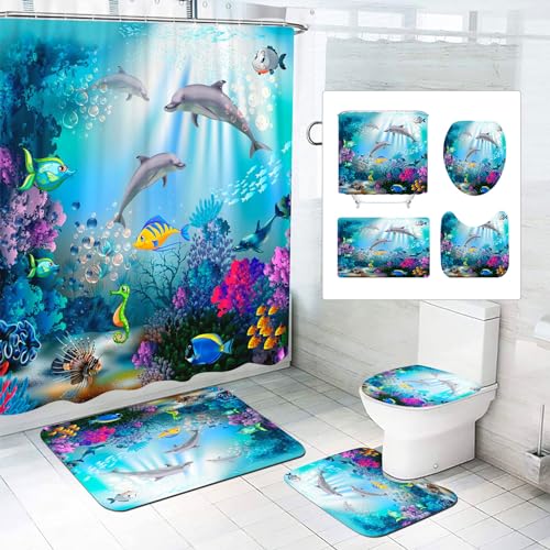 Rideau de douche dauphin polyester poisson rideaux de bain avec tapis - 2