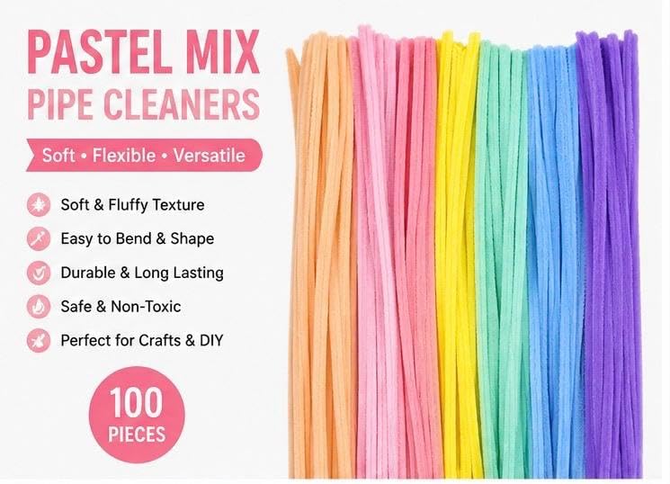 Image of TRAIS Pipe Cleaners Pastel for Crafts (100 PCS) | Soft Chenille Stems for DIY Art & Craft, Flexible Fuzzy Bendable Sticks for Kids Craft, School Projects & Decoration Supplies (Any 4-5 Colors)